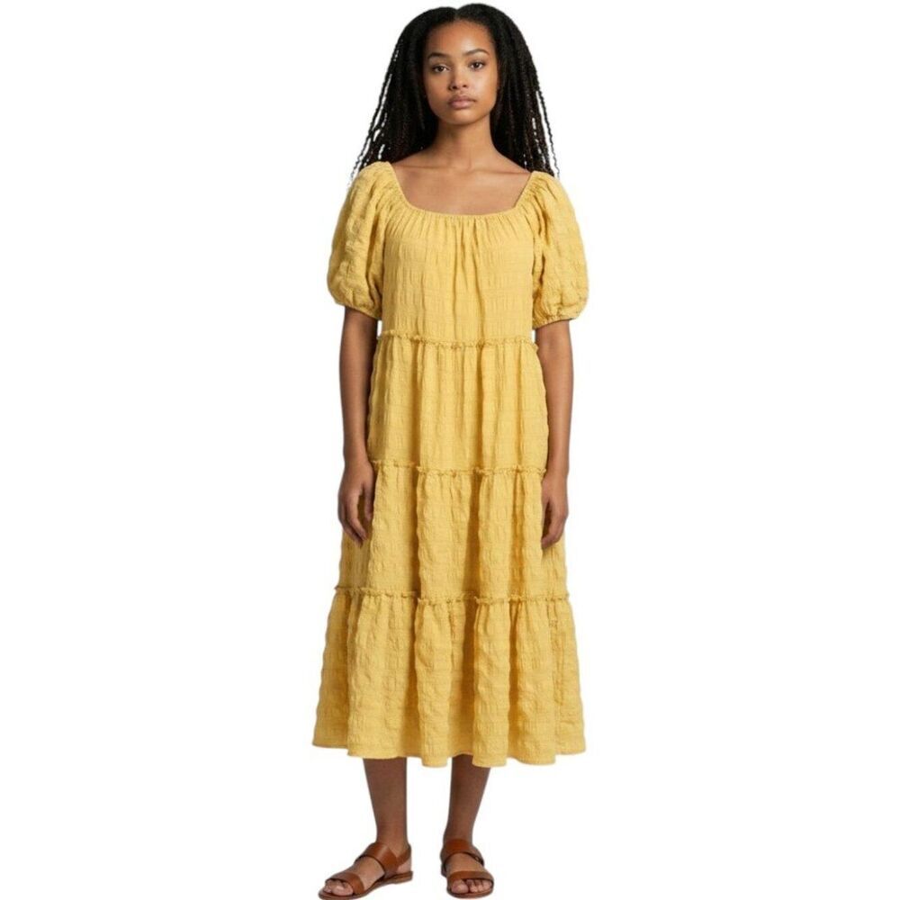Emory Park Puff Sleeve Off Shoulder Tiered Midi Dress Crinkle Mustard Yellow XS
